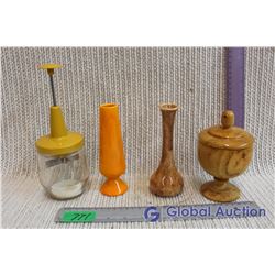 Vintage Food Chopper, Vases, Wooden Candy Dish with Lid