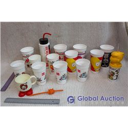 Lot of Vintage Plastic Themed Cups, Disney, Simpson, Hockey, Fast Food.