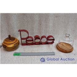 Cheese Tray With Glass Cover, Wooden Bowl With Lid, Metal "Peace" Decor