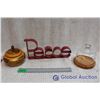 Image 1 : Cheese Tray With Glass Cover, Wooden Bowl With Lid, Metal "Peace" Decor
