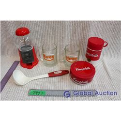 Lot of Campbells Soup Items, Gumball Machine, Hires Mugs