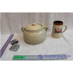 Crock Bowl with Lid, Lighter, & Stoneware Mug