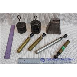 Lot Of Antique Misc. (Scale Weights, Bicycle Pumps, Cowbell)