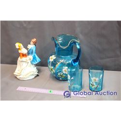Blue Hand Painted Victorian Water Set W/ Figurine