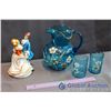 Image 2 : Blue Hand Painted Victorian Water Set W/ Figurine