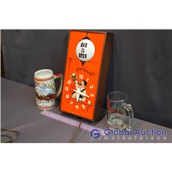 Bar is Open' Light Up Clock (Working) W/ 2 Budweiser Mugs