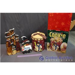 NIB Snowman Cookie Jar, Handpainted Snowman Paper Towel & Napkin Holders