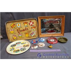 (2) Drink Trays, Coasters, Ash Trays and Framed Winchester Mirror Advertisement