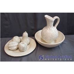 Decorative Plaster Plater & 4 Pieces of Fruit with Pitcher & Basin