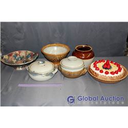 Lot of Assorted Stoneware - 2 Bowls, Bean Pot, 10" Pie Plate & Cover, 2 Pieces of Covered Crockware