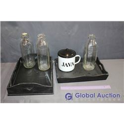 Lot of 2 Black Serving Trays, 3 Glass Milk Bottles & Giant Coffe Mug
