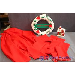 Lot of Chirstmas Decor - Red Oval Table Cloth and 8 Cloth Napkins (Like New) House with LED Color Ch