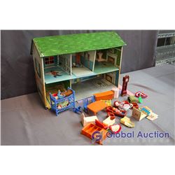 Vintage Tin Doll House w/Accessories