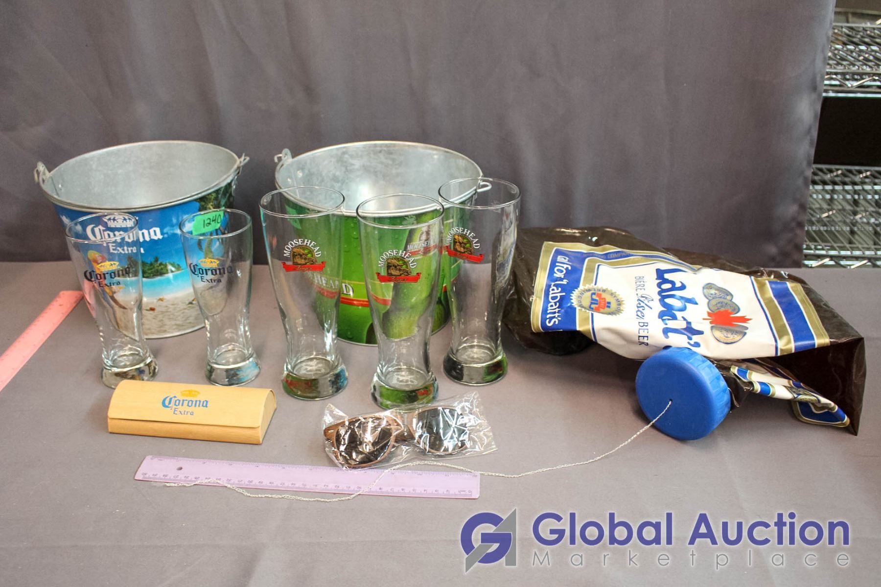 Corona & Moosehead Buckets w/Glasses & Labatt Blue Blow Up Bottle