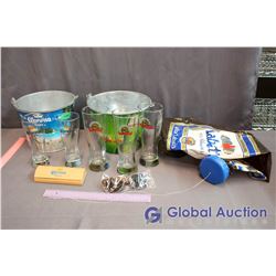 Corona & Moosehead Buckets w/Glasses & Labatt Blue Blow Up Bottle