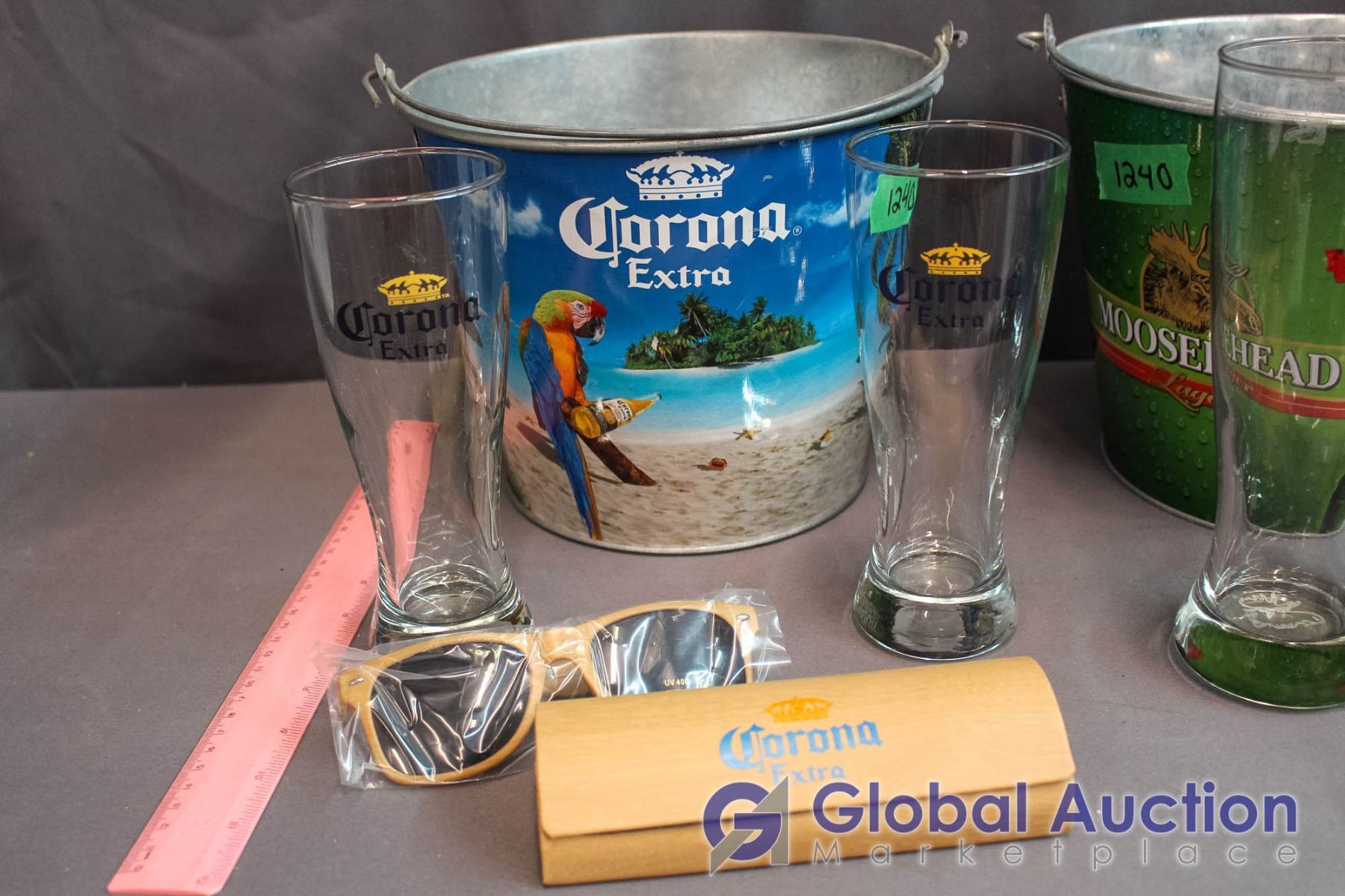 Corona & Moosehead Buckets w/Glasses & Labatt Blue Blow Up Bottle