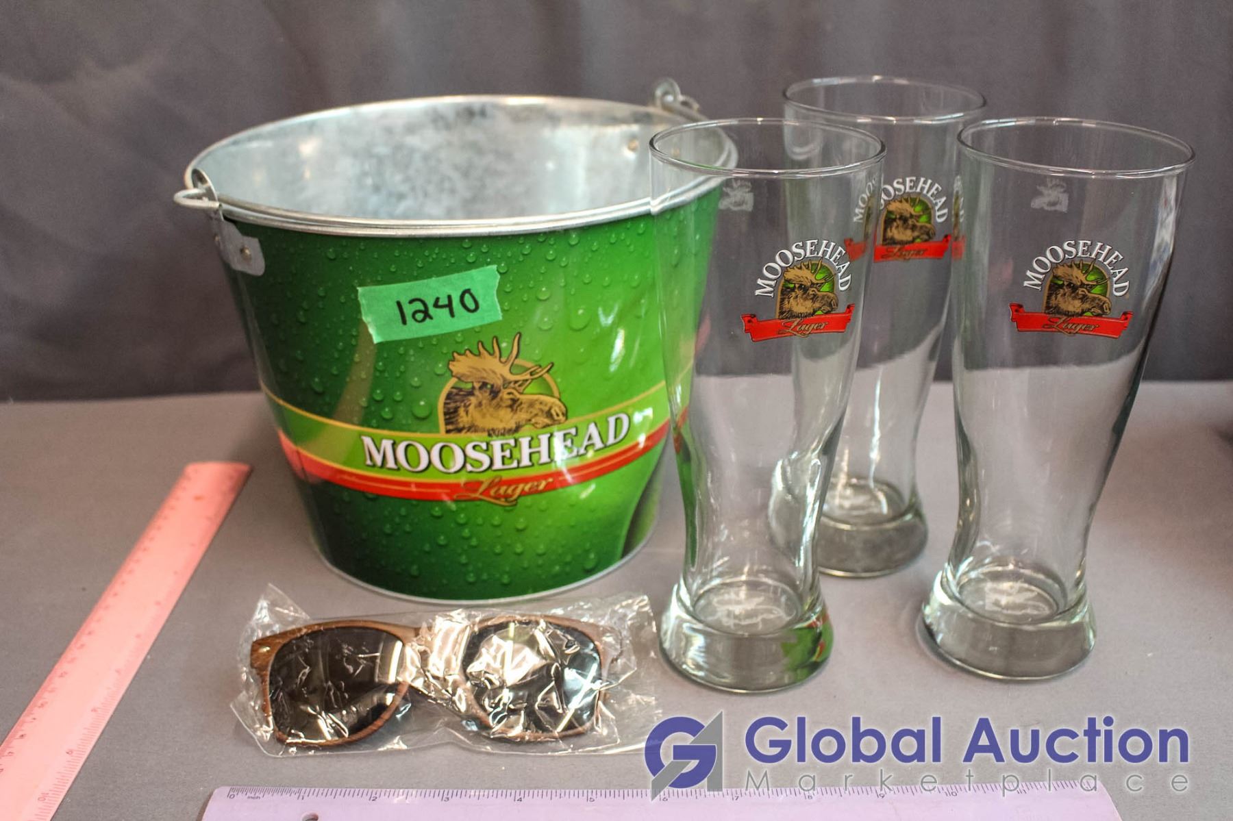 Corona & Moosehead Buckets w/Glasses & Labatt Blue Blow Up Bottle