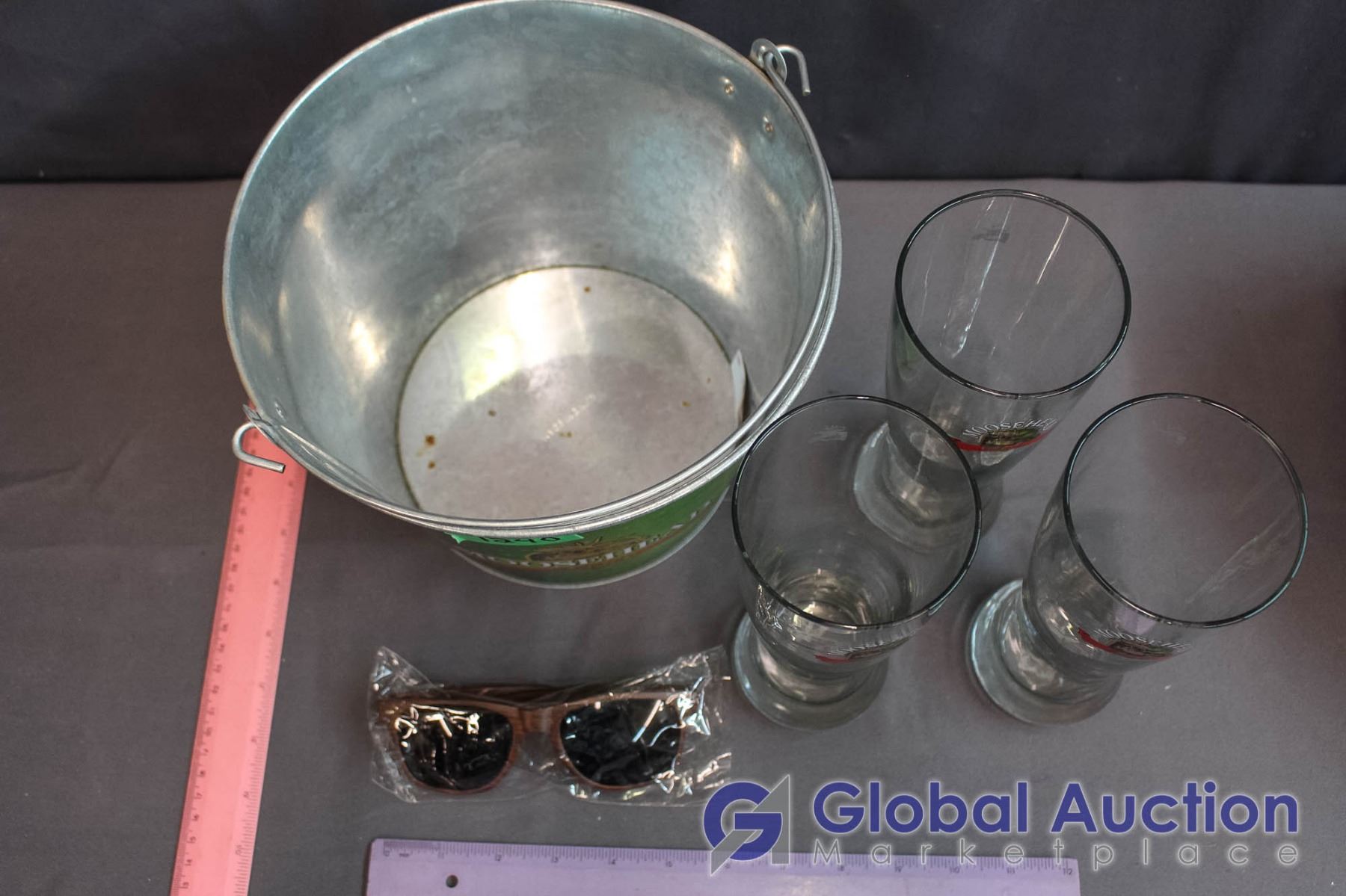 Corona & Moosehead Buckets w/Glasses & Labatt Blue Blow Up Bottle
