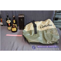 Cabella's Waterproof Duffle Bag, Wooden Case, Little Brown Jug, Frungelico Liqueur, Black Tower Whit
