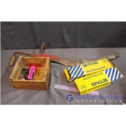2 Gun Cleaning Kits, Wooden Ammo Crate, Hay Knife, Tins