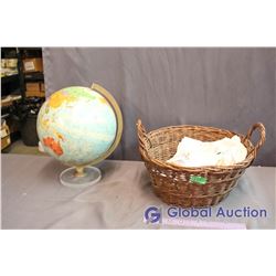 Wicker Basket & Assorted Linens, Vintage Globe