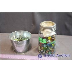 Lot of Vintage Marbles in Glass Jar & Small Metal Pail