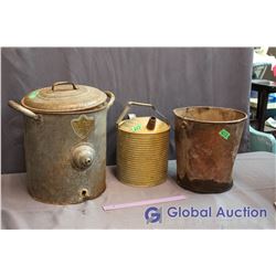 Vintage Metal Watering Can, Metal Pail & SMP Churn with Lid (broken spout inside)