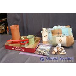 Vintage Potato Ricer, Assorted Craft Supplies, Fleece Blanket