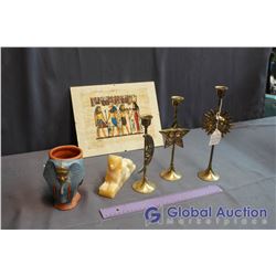 Lot of Brass Candle Sticks & Vintage Egyptian Decor