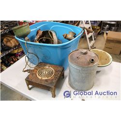 Large Tote of Vintage Misc - Hotplate, Gas Can, Grinders