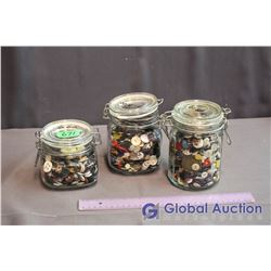 (3) Glass Canisters of Assorted Buttons