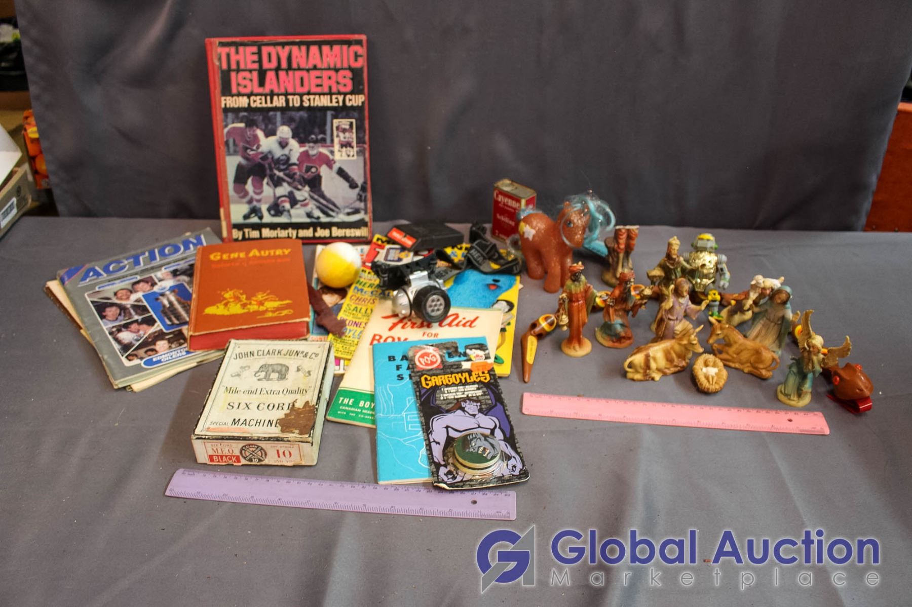 Box of Misc Toys and Items (Vintage Magazines, Pogs, Nativity Set)