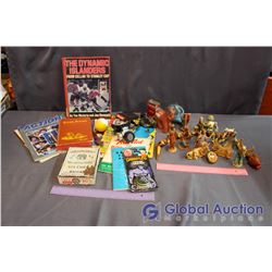 Box of Misc Toys and Items (Vintage Magazines, Pogs, Nativity Set)