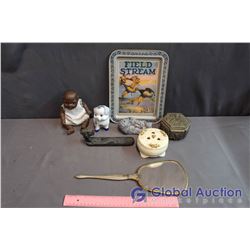Lot of Vintage Decor, Ceramic Pig Bank, Vintage Mirror, Tin Field & Stream Tray