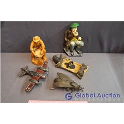 Lot of Vintage Metal Decor - Cast Airplane, Cast Man Figurine, Metal Fly
