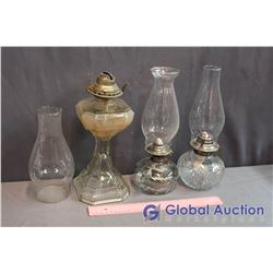 Lot of (3) Oil Lamps - 1 Finger Lamp, 1 Crystal Lamp, 1 Larger Lamp Missing a Shade Clip