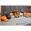 Image 1 : Mens Size 10 Work Boots and Collection of Hats (6 - Cabelas, Toyota, Chevrolet, etc)