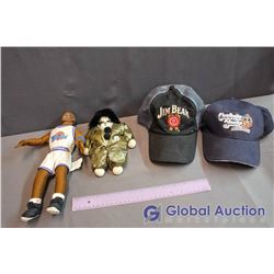 Vintage Clown Doll, Space Jam Doll, and Jim Beam & Captain Jack Advertising Caps