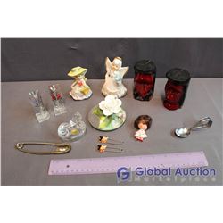 Lot of Crystal Decor, Wooden Figures, Small Porcelain Dolls, Vintage Mickey Mouse Diaper Pins (2), V