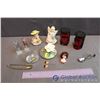 Image 1 : Lot of Crystal Decor, Wooden Figures, Small Porcelain Dolls, Vintage Mickey Mouse Diaper Pins (2), V