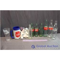 Coca Cola Bottles (7) & Coca Cola Advertising Mug, Plastic Cup & Beanie Bear
