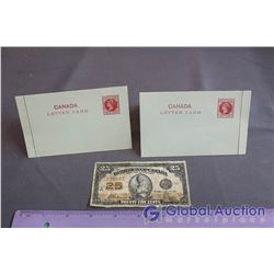 Dominion of Canada 25 cent Bank Note and 2 Canada Letter Cards