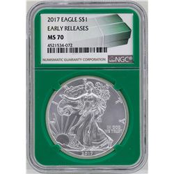 2017 $1 American Silver Eagle Coin NGC MS70 Early Releases Green Core