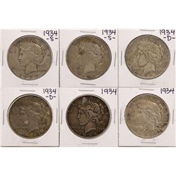 Lot of (2) 1934, (2) 1934-D, & (2) 1934-S $1 Peace Silver Dollar Coins
