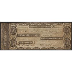 1800's $5 Bank of Windsor Vermont Obsolete Note