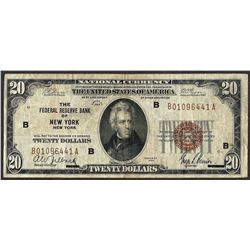 1929 $20 Federal Reserve Bank Note New York