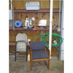 2 Chairs and Cotents of Shelf: Hose, Hose Nozzle, Cat Feeder, Measuring Tape