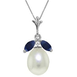 Genuine 4.5 ctw Pearl & Sapphire Necklace Jewelry 14KT White Gold - REF-25K8V