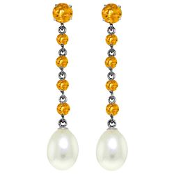 Genuine 10 ctw Citrine & Pearl Earrings Jewelry 14KT White Gold - REF-32P4H
