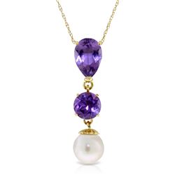 Genuine 5.25 ctw Amethyst & Pearl Necklace Jewelry 14KT Yellow Gold - REF-25V9W